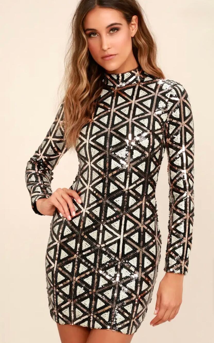 NWT Lulus Waking Up In Vegas All Over Sequins Long Sleeve Mini Dress Women's L